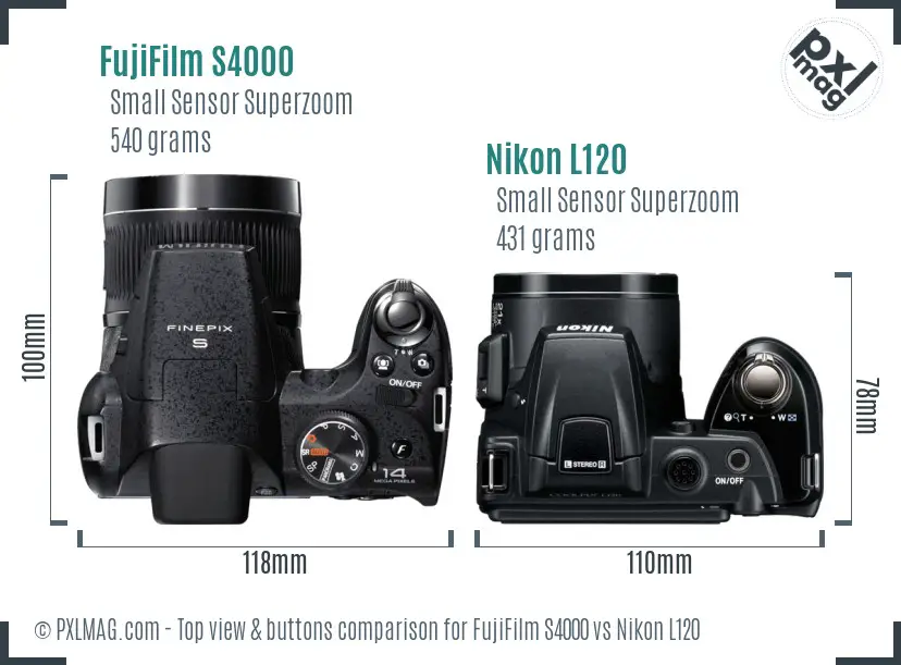 FujiFilm S4000 vs Nikon L120 top view buttons comparison FujiFilm S4000 vs Nikon L120 top view buttons comparison