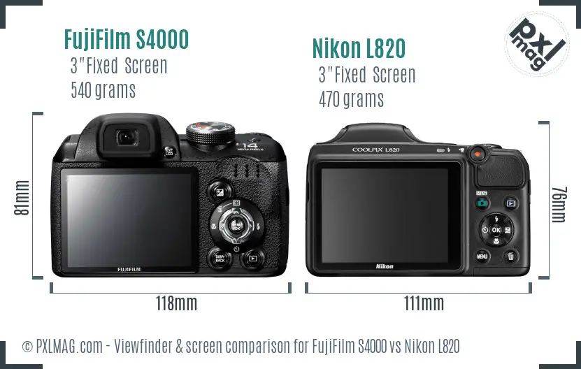 FujiFilm S4000 vs Nikon L820 Screen and Viewfinder comparison