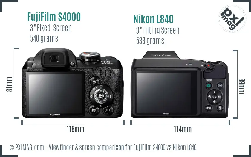 FujiFilm S4000 vs Nikon L840 Screen and Viewfinder comparison