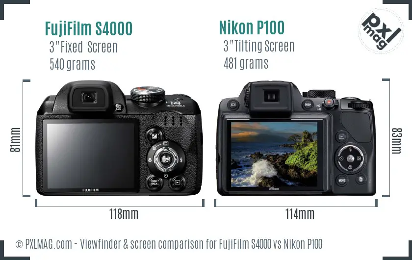 FujiFilm S4000 vs Nikon P100 Screen and Viewfinder comparison