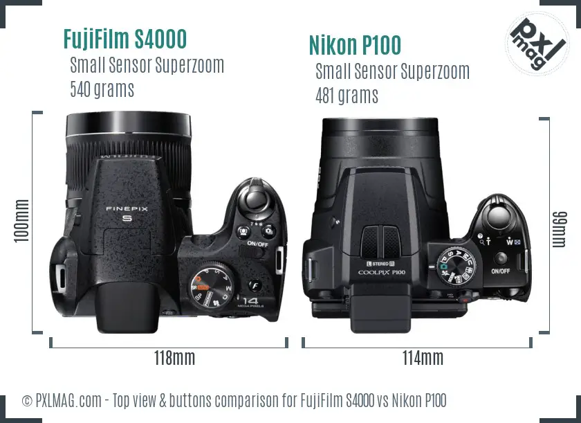 FujiFilm S4000 vs Nikon P100 top view buttons comparison