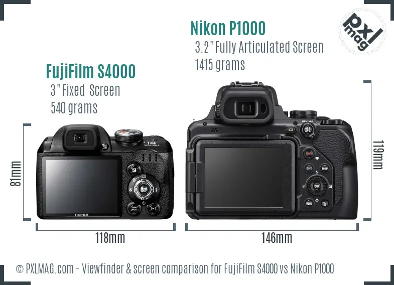 FujiFilm S4000 vs Nikon P1000 Screen and Viewfinder comparison