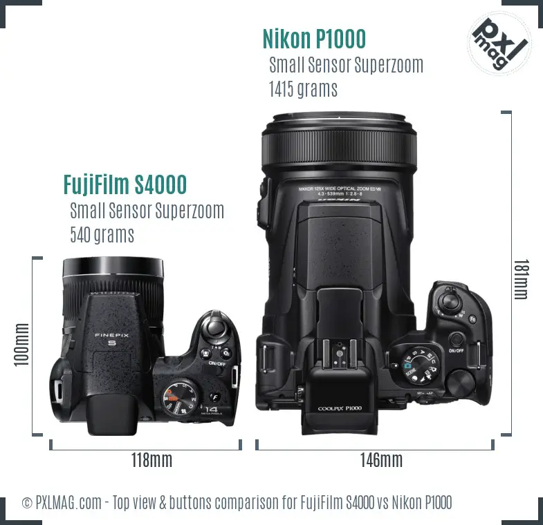 FujiFilm S4000 vs Nikon P1000 top view buttons comparison