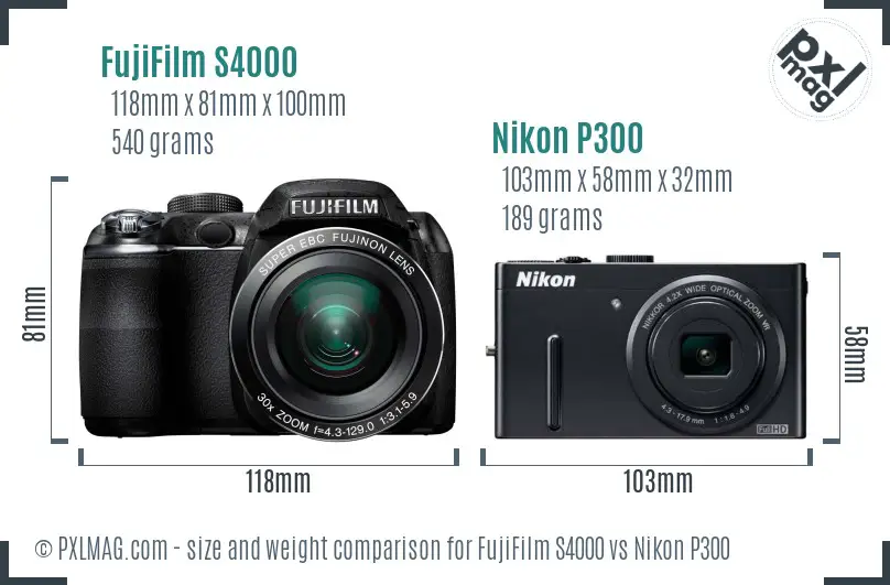 FujiFilm S4000 vs Nikon P300 size comparison