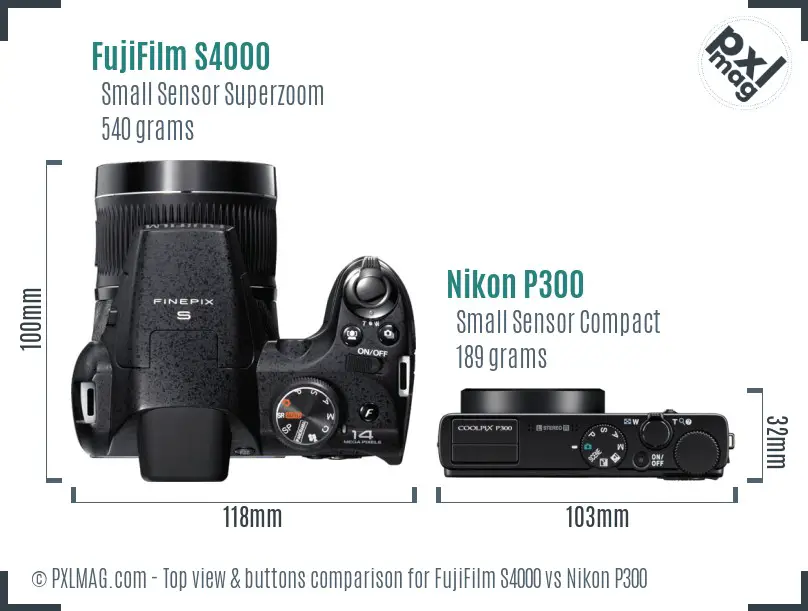 FujiFilm S4000 vs Nikon P300 top view buttons comparison