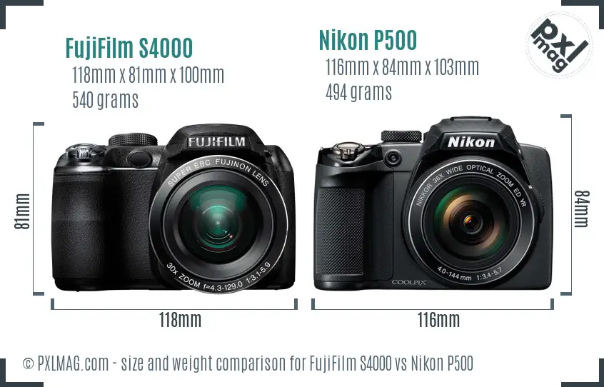 FujiFilm S4000 vs Nikon P500 size comparison