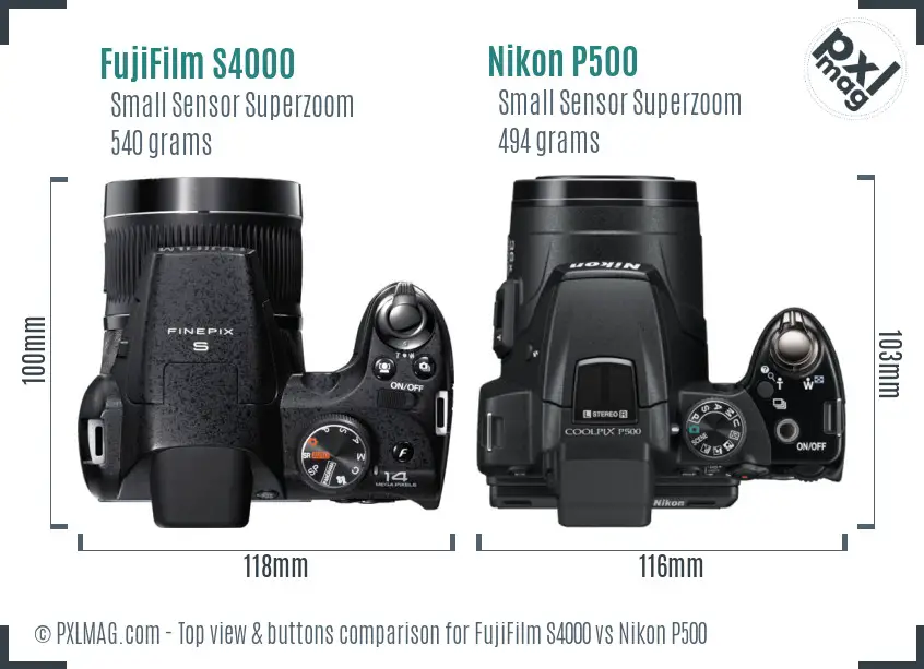 FujiFilm S4000 vs Nikon P500 top view buttons comparison