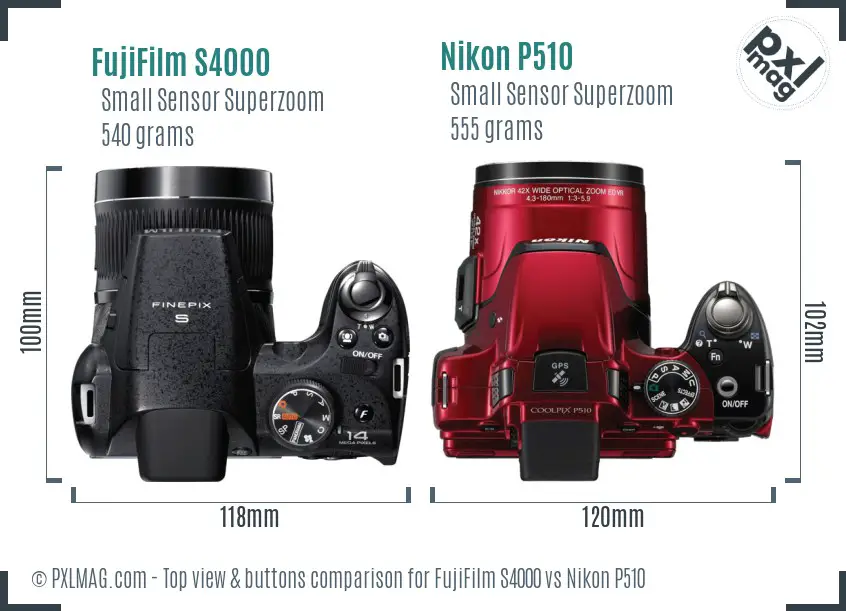 FujiFilm S4000 vs Nikon P510 top view buttons comparison