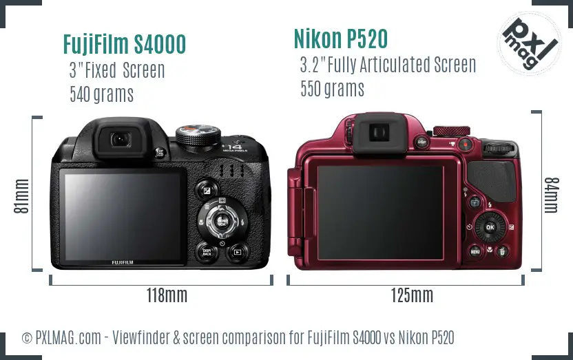 FujiFilm S4000 vs Nikon P520 Screen and Viewfinder comparison