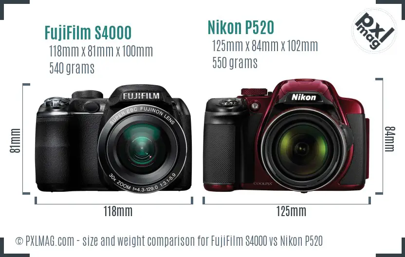 FujiFilm S4000 vs Nikon P520 size comparison
