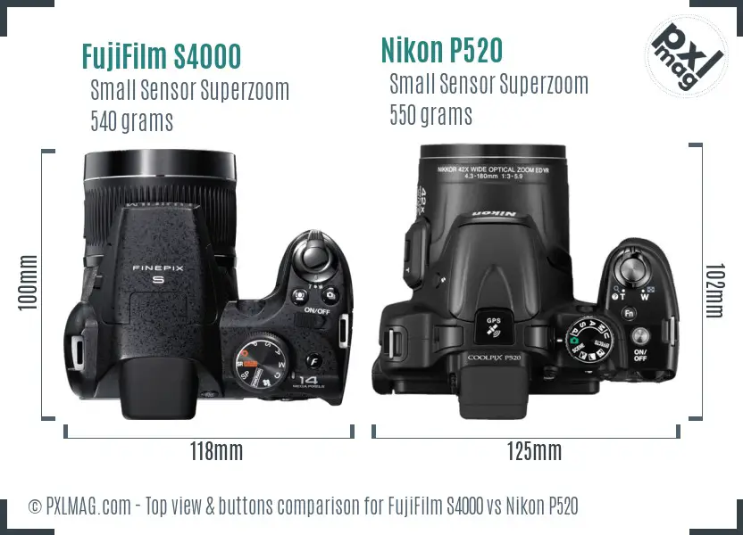 FujiFilm S4000 vs Nikon P520 top view buttons comparison