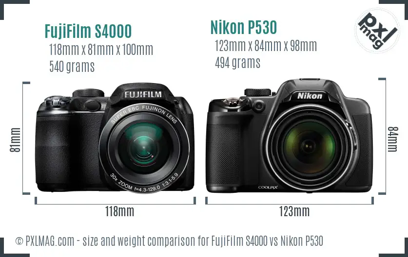 FujiFilm S4000 vs Nikon P530 size comparison