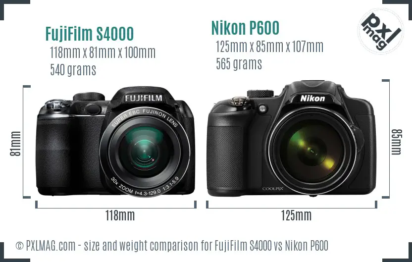 FujiFilm S4000 vs Nikon P600 size comparison