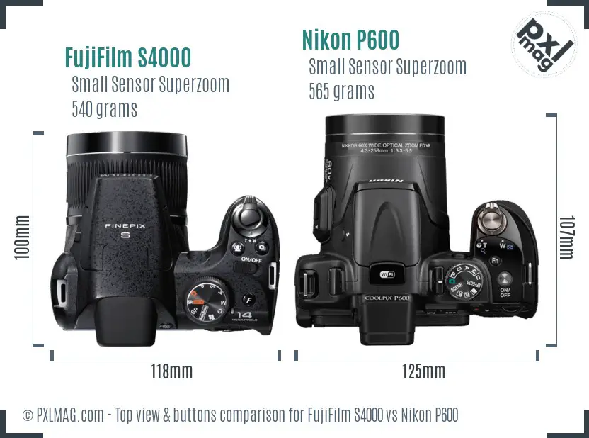 FujiFilm S4000 vs Nikon P600 top view buttons comparison