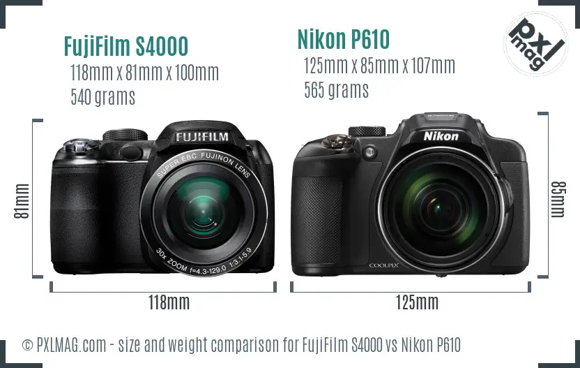 FujiFilm S4000 vs Nikon P610 size comparison