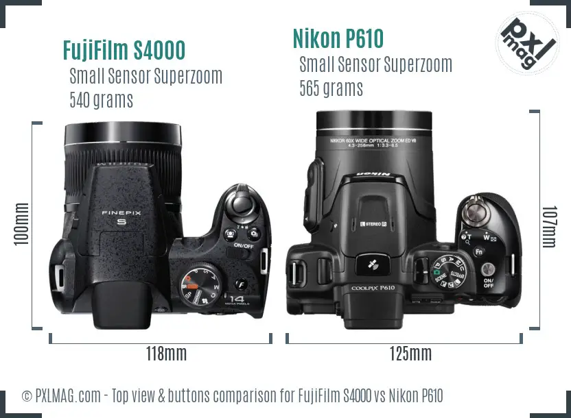 FujiFilm S4000 vs Nikon P610 top view buttons comparison
