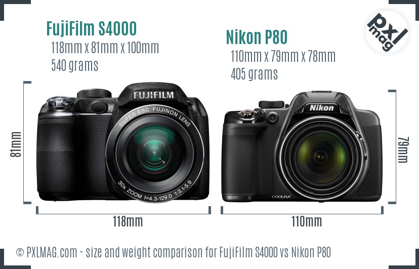 FujiFilm S4000 vs Nikon P80 size comparison