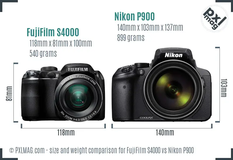 FujiFilm S4000 vs Nikon P900 size comparison