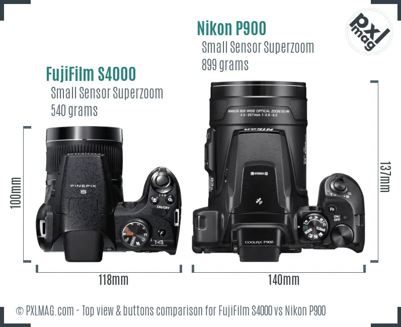 FujiFilm S4000 vs Nikon P900 top view buttons comparison