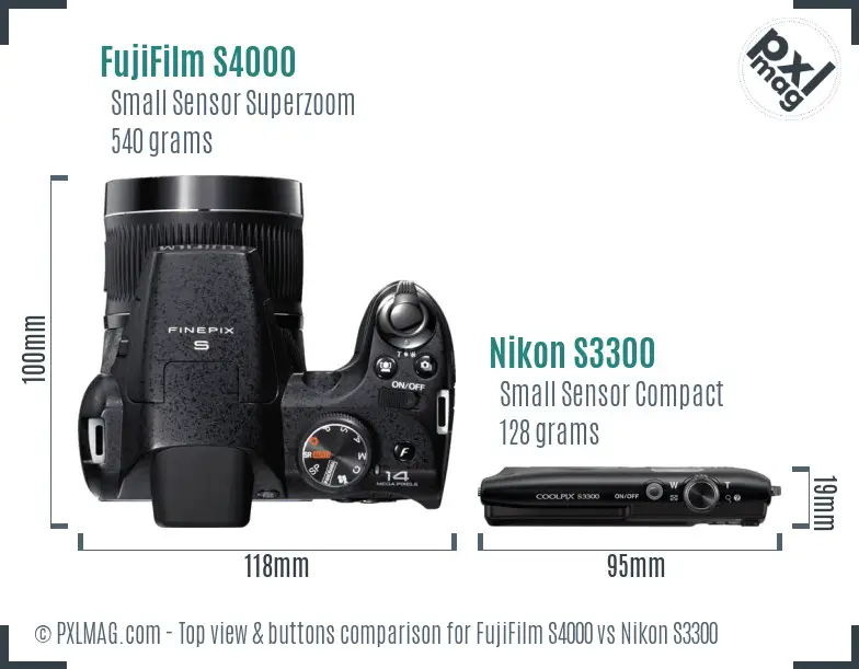 FujiFilm S4000 vs Nikon S3300 top view buttons comparison FujiFilm S4000 vs Nikon S3300 top view buttons comparison