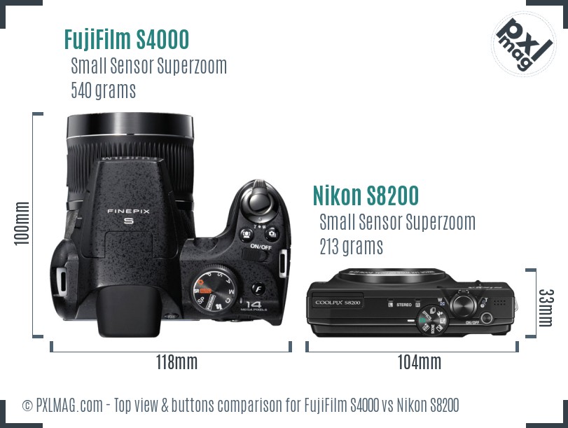 FujiFilm S4000 vs Nikon S8200 top view buttons comparison