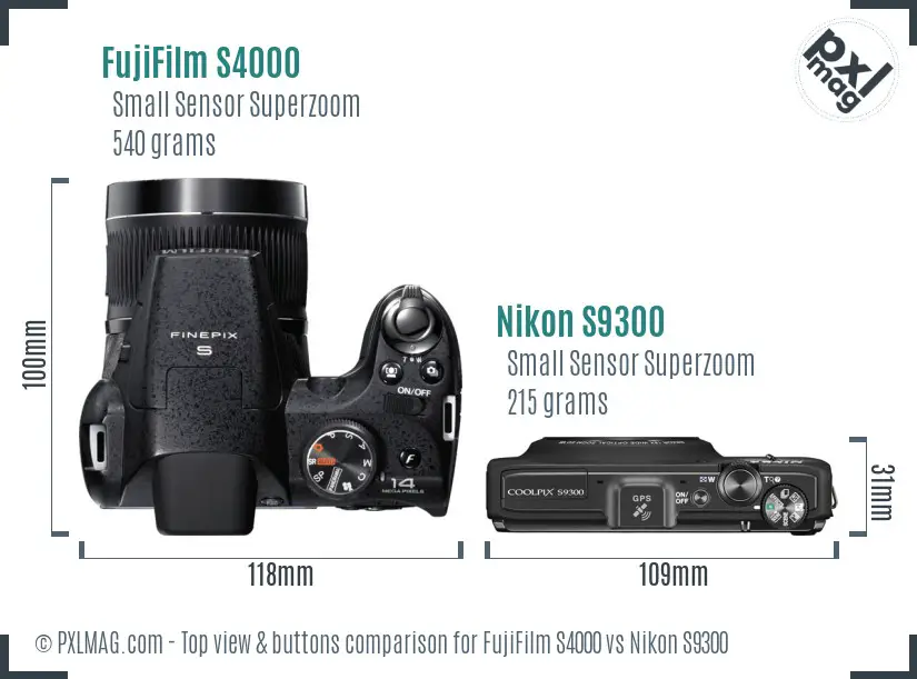 FujiFilm S4000 vs Nikon S9300 top view buttons comparison