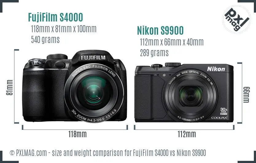 FujiFilm S4000 vs Nikon S9900 size comparison