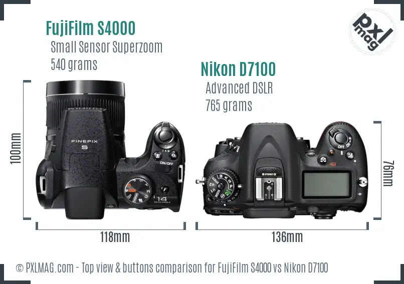 FujiFilm S4000 vs Nikon D7100 top view buttons comparison