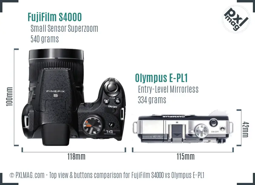FujiFilm S4000 vs Olympus E-PL1 top view buttons comparison