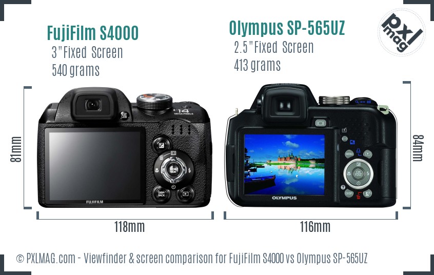 FujiFilm S4000 vs Olympus SP-565UZ Screen and Viewfinder comparison