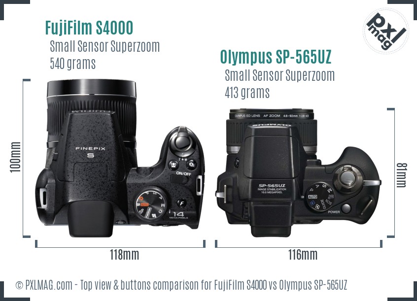 FujiFilm S4000 vs Olympus SP-565UZ top view buttons comparison