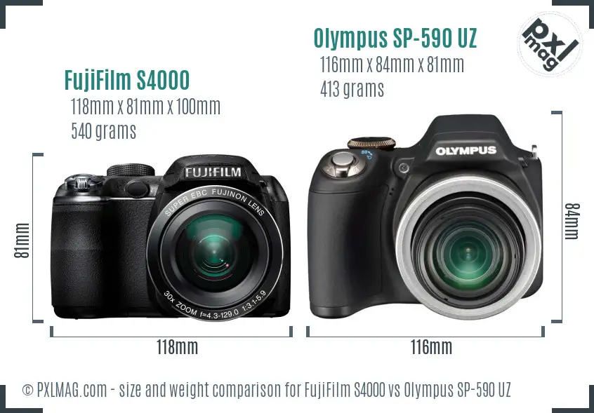FujiFilm S4000 vs Olympus SP-590 UZ size comparison