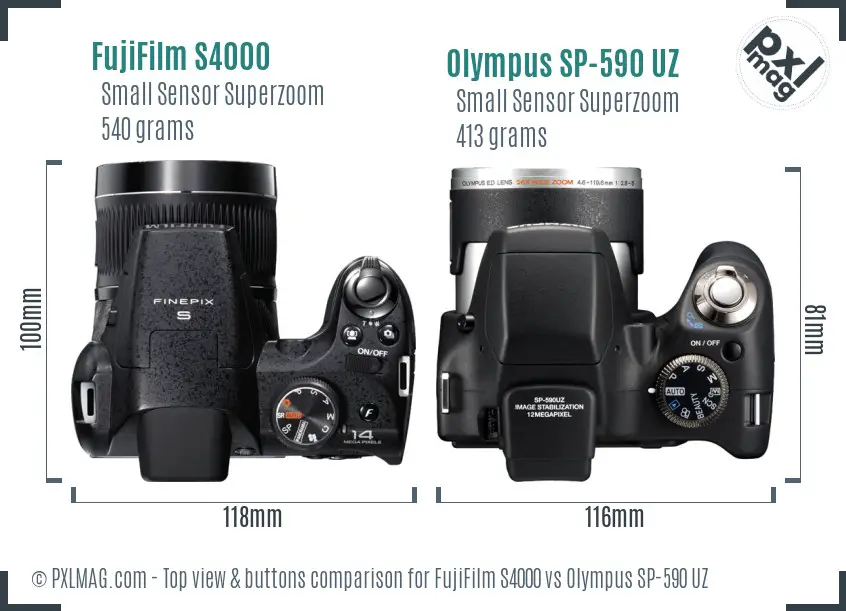 FujiFilm S4000 vs Olympus SP-590 UZ top view buttons comparison