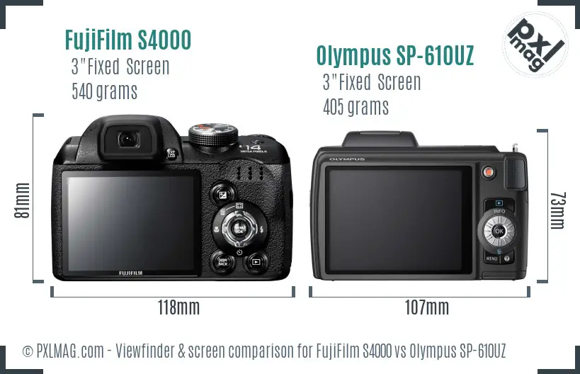 FujiFilm S4000 vs Olympus SP-610UZ Screen and Viewfinder comparison