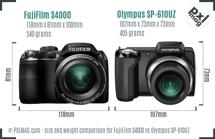 FujiFilm S4000 vs Olympus SP-610UZ size comparison