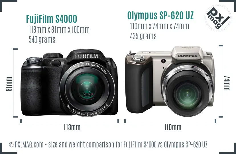 FujiFilm S4000 vs Olympus SP-620 UZ size comparison FujiFilm S4000 vs Olympus SP-620 UZ size comparison