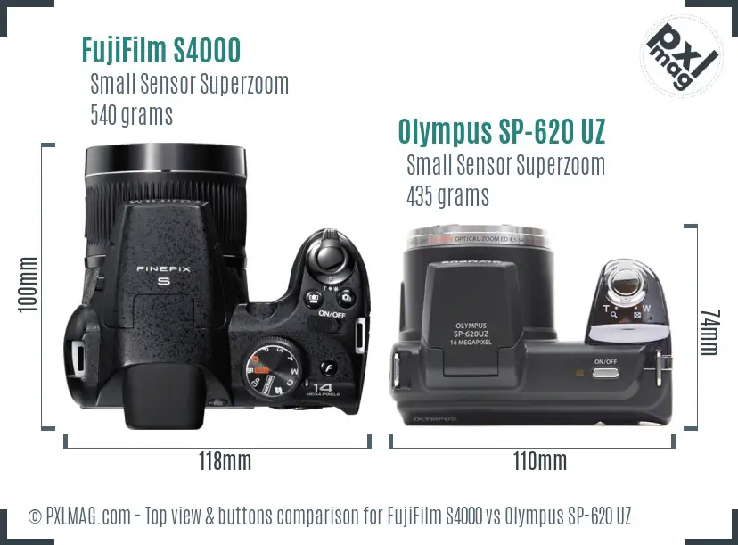 FujiFilm S4000 vs Olympus SP-620 UZ top view buttons comparison FujiFilm S4000 vs Olympus SP-620 UZ top view buttons comparison