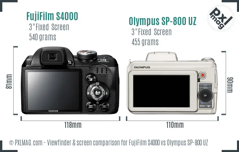 FujiFilm S4000 vs Olympus SP-800 UZ Screen and Viewfinder comparison