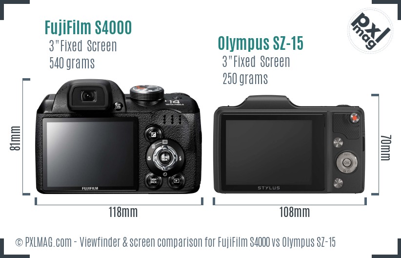 FujiFilm S4000 vs Olympus SZ-15 Screen and Viewfinder comparison