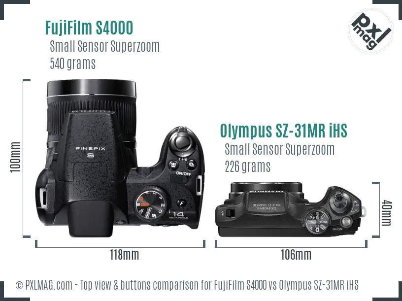 FujiFilm S4000 vs Olympus SZ-31MR iHS top view buttons comparison
