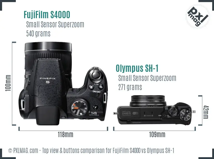 FujiFilm S4000 vs Olympus SH-1 top view buttons comparison