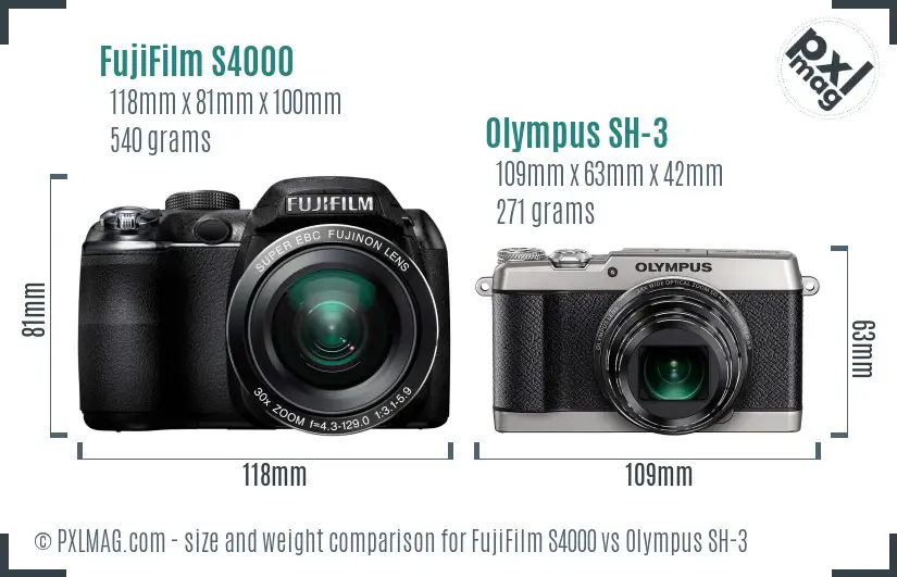 FujiFilm S4000 vs Olympus SH-3 size comparison FujiFilm S4000 vs Olympus SH-3 size comparison