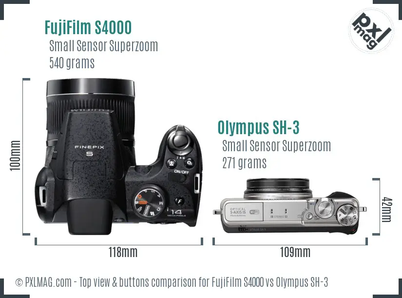 FujiFilm S4000 vs Olympus SH-3 top view buttons comparison FujiFilm S4000 vs Olympus SH-3 top view buttons comparison