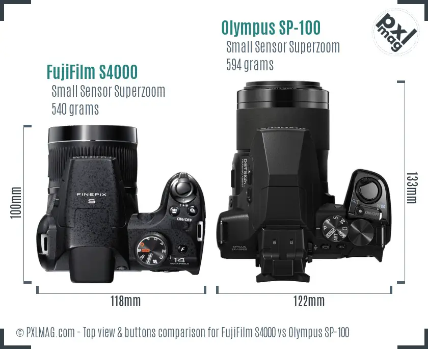 FujiFilm S4000 vs Olympus SP-100 top view buttons comparison