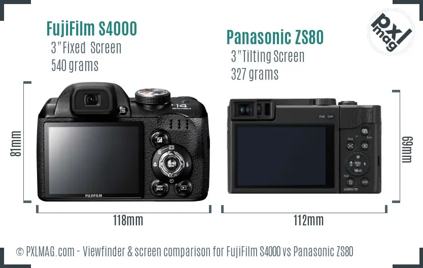 FujiFilm S4000 vs Panasonic ZS80 Screen and Viewfinder comparison