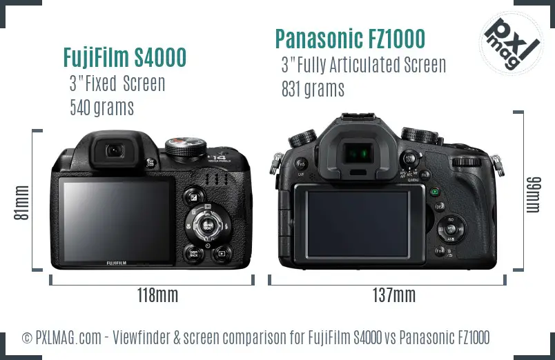 FujiFilm S4000 vs Panasonic FZ1000 Screen and Viewfinder comparison