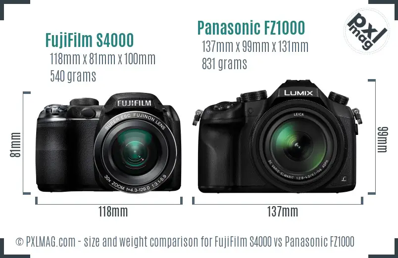FujiFilm S4000 vs Panasonic FZ1000 size comparison