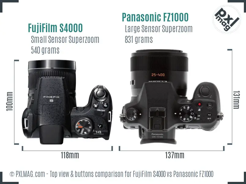 FujiFilm S4000 vs Panasonic FZ1000 top view buttons comparison