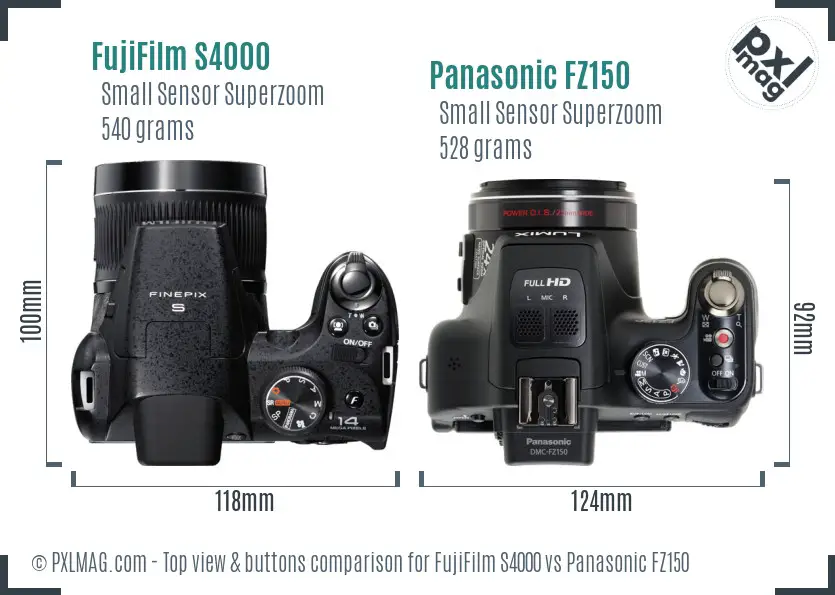 FujiFilm S4000 vs Panasonic FZ150 top view buttons comparison FujiFilm S4000 vs Panasonic FZ150 top view buttons comparison
