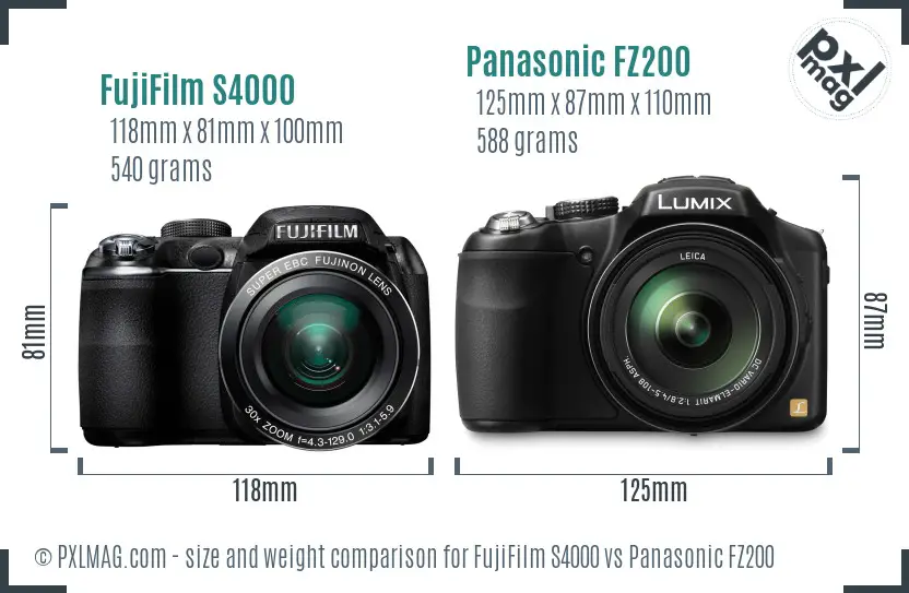 FujiFilm S4000 vs Panasonic FZ200 size comparison